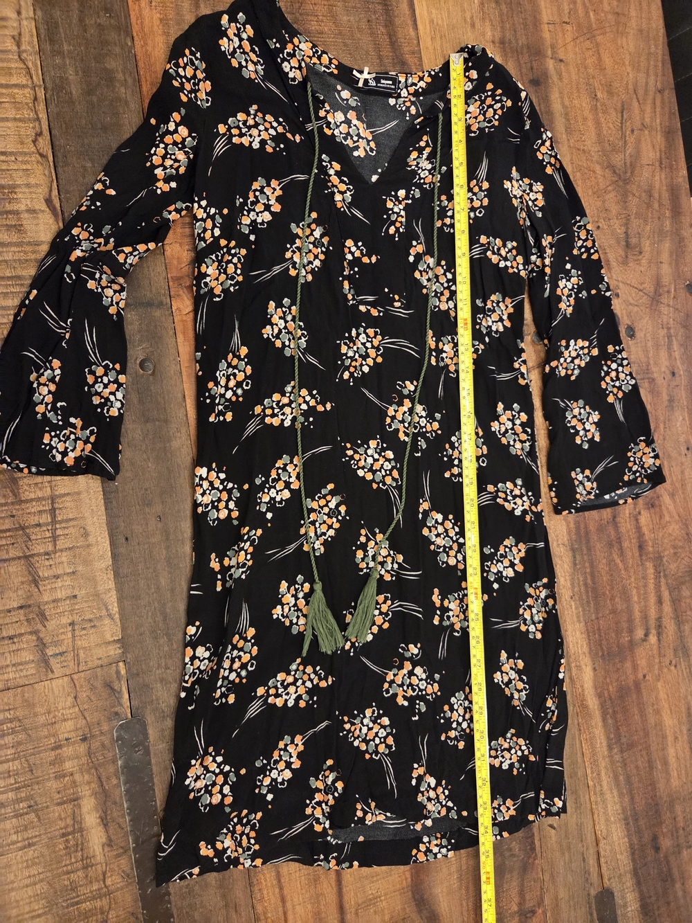 Sinequanone Black Floral Midi Dress with Tassel Tie